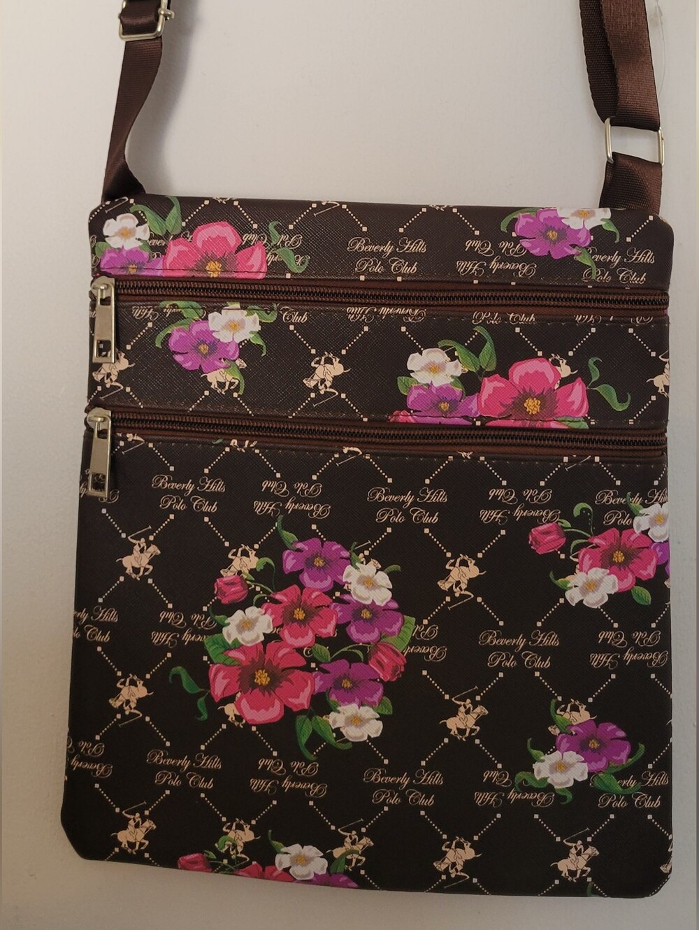 Floral Crossbody Shoulder Bag - Brown with Pink Accents